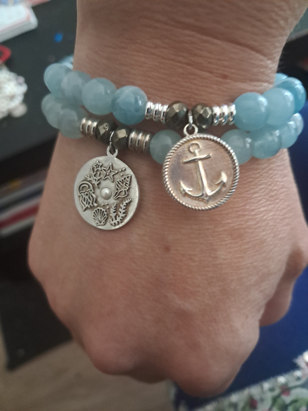 Authentic T. Jazelle Aquamarine Jade Coastal Stack Anchor & Sea Life Bracelets